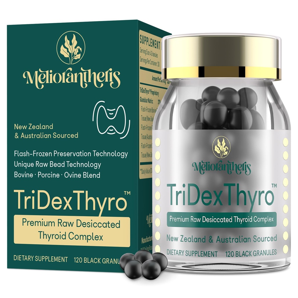 Kilpirauhasen täydennysosa ... TriDexThyroTM Raw kuivatus Kilpirauhaskompleksi 375 mg, jossa on naudan, sian ja lampaan 120 kapselia naisille ja miehille.