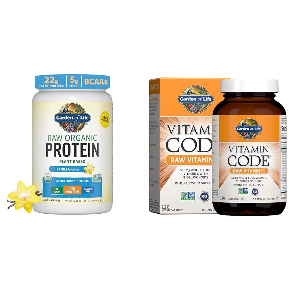 Elämän puutarha Organic Vanilla Protein Powder 22g - Vitamiini koodi C 120 kapselia Bundle