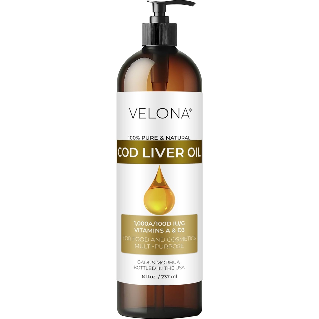 velona Cod Liver Oil - 8 Fl Oz - 1 000A/100D IU/g Omega 3 -vitamiinia A & D3 - norjalainen arktinen kestävästi lähdetty pohjoismainen öljy - Hiukset, vartalo ja ihonhoito - Käytä tänään - Nauti tuloksista