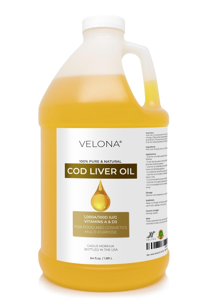 velona Cod Liver Oil - 64 Fl Oz - 1000A/100D IU/g Omega 3 -vitamiinit A & D3 - norjalainen arktinen kestävästi lähdetty Nordic Oil - Hiukset, vartalo ja ihonhoito - käytä tänään - Nauti tuloksista