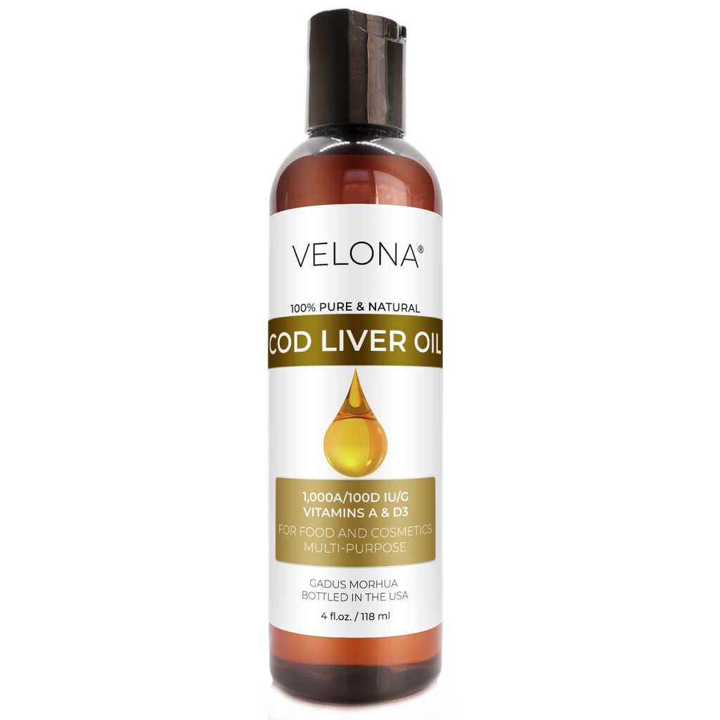 velona Cod Liver Oil - 4 Fl Oz - 1 000A/100D IU/g Omega 3 -vitamiinit A & D3 - norjalainen arktinen kestävästi lähdetty pohjoismainen öljy - Hiukset, vartalo ja ihonhoito - käytä tänään - Nauti tuloksista