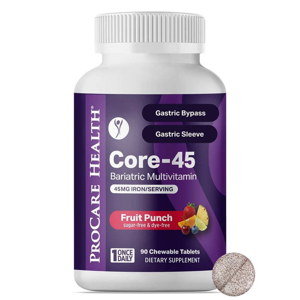 Procare Health Bariatric Multivitamin med järn 45mg Chewable (30 tabletter) - Fruit Punch Flavor Bariatric Multivitamin Chewable Pills för gastric Bypass & Sleeve Gastrectomy Patients (01 Månadsförsörjning)