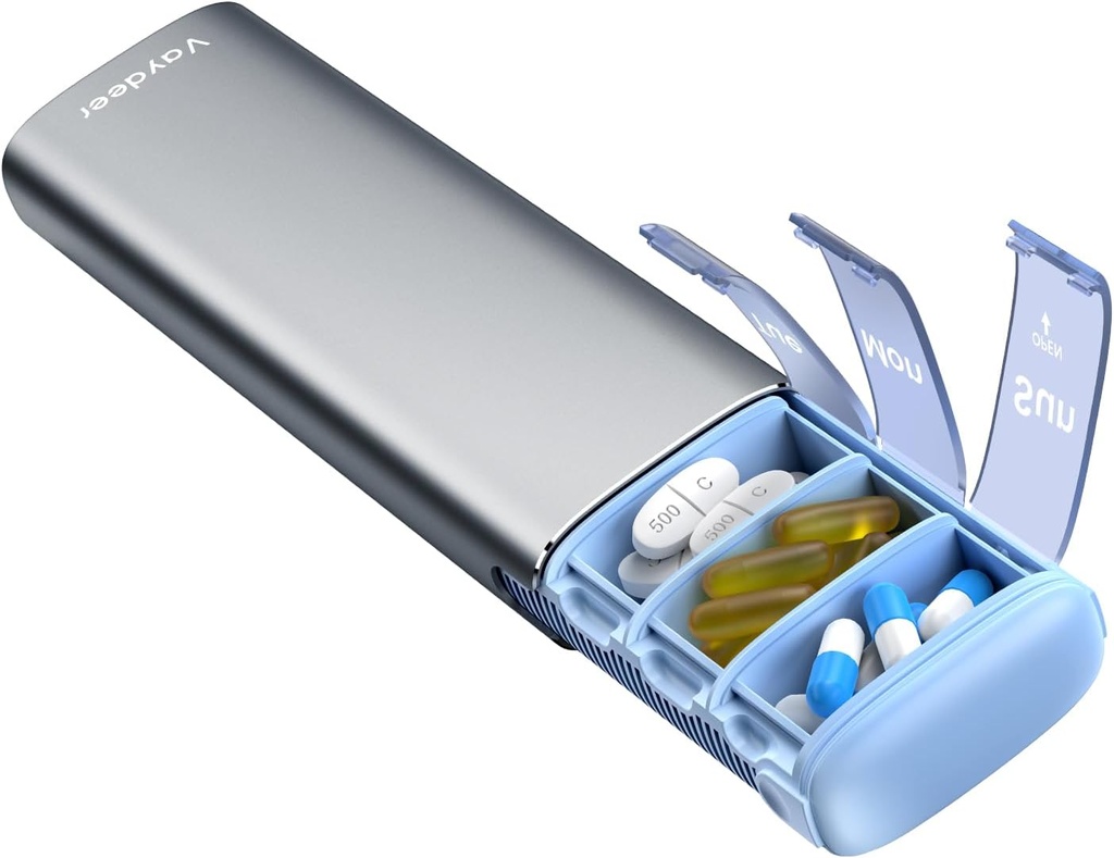 Vaydeer Metal Travel Pill Organizer, 7 Day Weekly Pill Box, Large Capacity Daily Cute Pill Case för kosttillskott, piller, vitaminer och medicinering (liten, metall)