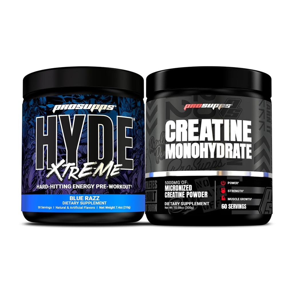 PROSUPPS Hyde Xtreme Hard-Hitting Energy Pre-workout, Blue Razz, ja Creatine 300 Bundle