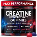 Kreatiini Monohydraatti Gummies Complex 5000 MG miehille ja naisille, esitreenaus Gummy kanssa BCAA, L-karnitiini, tauriini & B12-vitamiini lihasten kasvua, voimaa ja energiaa tuki, aromi ja pureskeltava