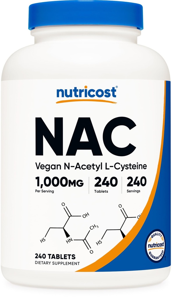Nutricost N-Acetyl L-Cysteine (NAC) 1000 mg, 240 Vegan tabletter - GMO Gratis, Gluten Fri, Vegetarisk Supplement