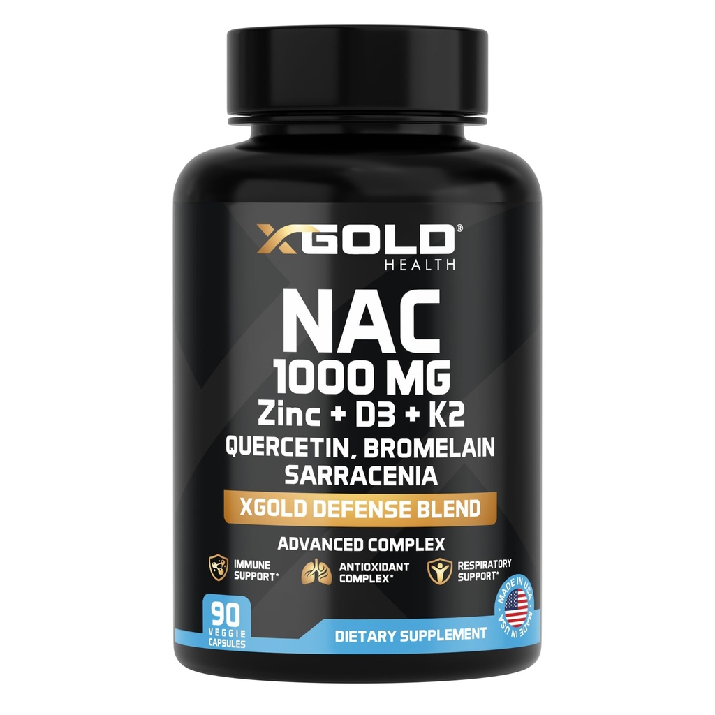 XGold Health NAC 1000 mg yhdessä Quercetin 95%:n, bromasiinin, sinkin, C-vitamiinin, D3 & K2:n ja antioksidantin kanssa