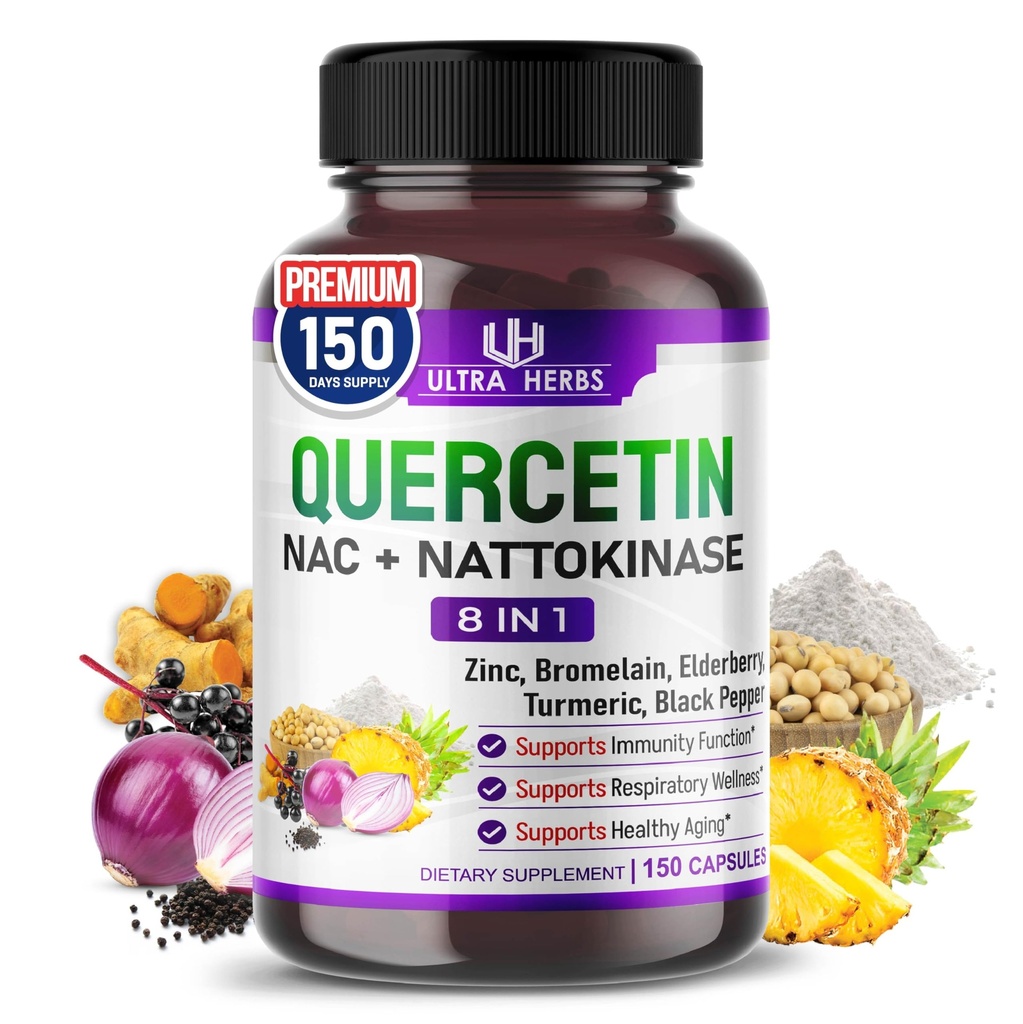 Quercetin Supplement with bromelaiini, C-vitamiini ja sinkki, Nattokinaasi, NAC, Elderberry, Elderberry 8 in 1 Ultra antioksidantti Complex for Immuno Health .