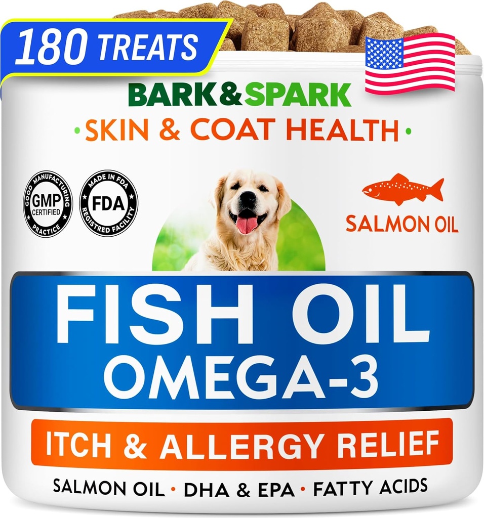 BARK&SPARK Omega 3 koiralle - 180 kalaöljyä koiranpoikasille, ihon allergia, kutina, kuumien täplien hoito - yhteinen terveys - ihon ja turkin täydennys - EPA & DHA rasvahapot - koiran lohiöljy