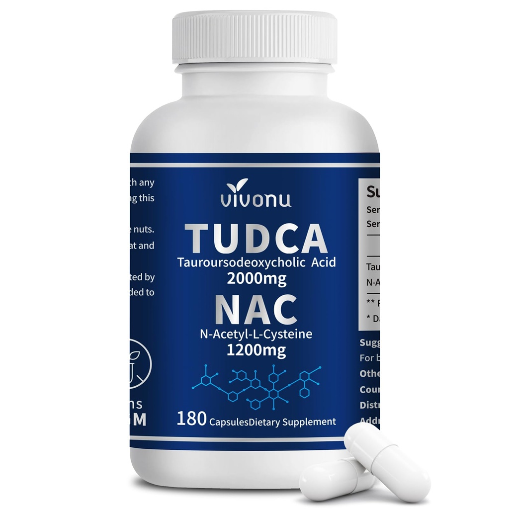 VivoNu TUDCA 2000mg + NAC 1200mg Supplement Complex Capsules, Powerful TUDCA Bile Salt + N Acetyl Cysteine, Antioksidanttilisät maksan ja keuhkojen sekä sappirakon puhdistus, digestio - 180 kapselia