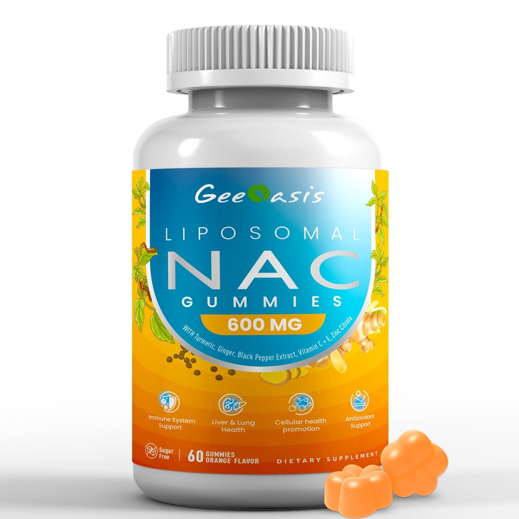 Liposomal NAC Gummies 600mg, N-Acetyl Cysteine Supplement för barn och vuxna, med gurkmeja, Ginger, Black Pepper, Immune, Liver & Lung Support, Antioxidant, Sugar-Free Pineapple Flavor, 60 Counts