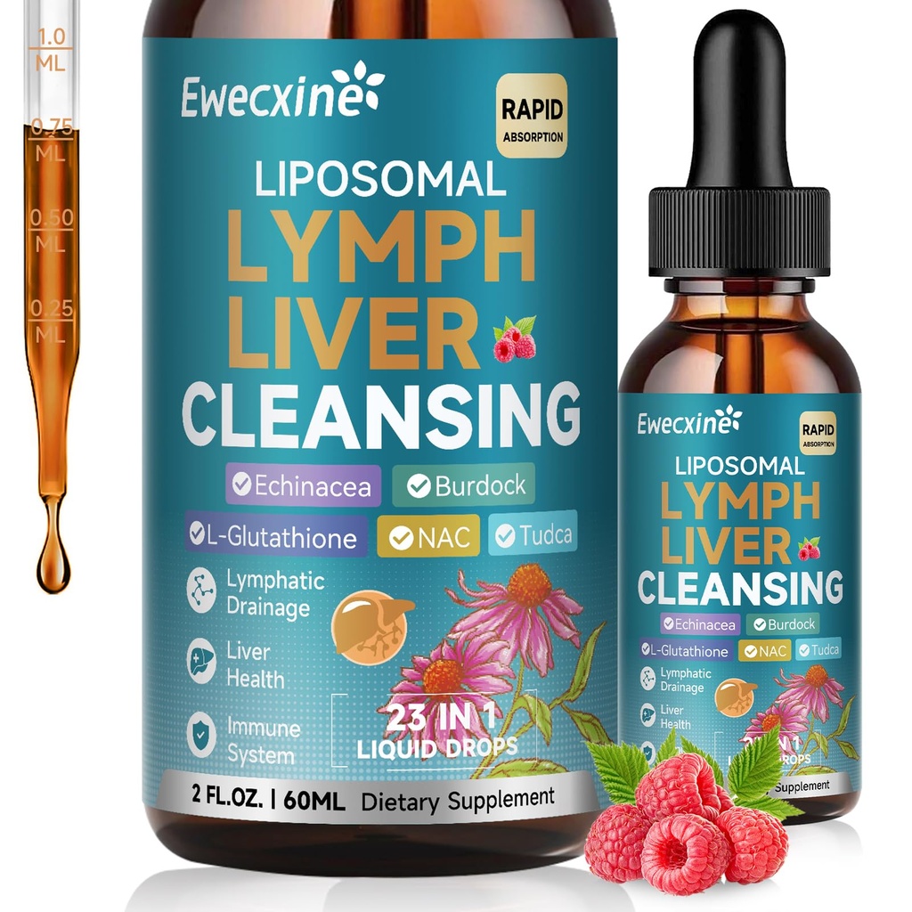 Liposomal Lymphatic Drainage & Liver Cleanse Drops, 23-i-1 med Echinacea, NAC, TUDCA, L-Glutathione, Burdock för Lymph, Liver Detox & Repair, Immune Support, Raspberry Flavor, 2 fl oz Supplement