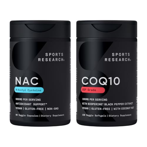 Sports Research® Antioxidant Support Pack - N-Acetyl L-Cysteine (NAC) 600mg, CoQ10 100mg Förbättrad w/Coconut Oil & Bioperine - Vegan · Non-GMO · Gluten Free