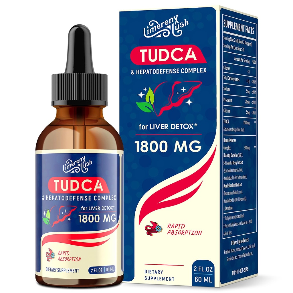 TUDCA Liver Support Drops 1800mg - Tehokas Liver Supplement Bile Salts, NAC, Schisandra ja Voikukka, Liver Detox & Repair - Nopea absorbing, sokeriton, alkoholiton 2 Fl.Oz