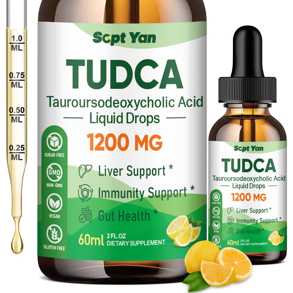 TUDCA Supplement 1200mg Liquid Drops, Liver Supplement with TUDCA, NAC, Milk Thistle Seed and Voikukka , Liver Support, ja Sappirakon Cleanse & Repair, Sokerivapaa, Vegan, Lemon Flavor, 2 Fl Oz