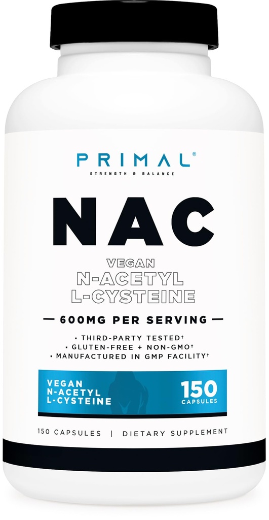 Primal N-Acetyl L-Cysteine (NAC) 600mg, 150 kapslar - Vegan N-Acetyl L-Cysteine Supplement, GMO-Free, Gluten-Free