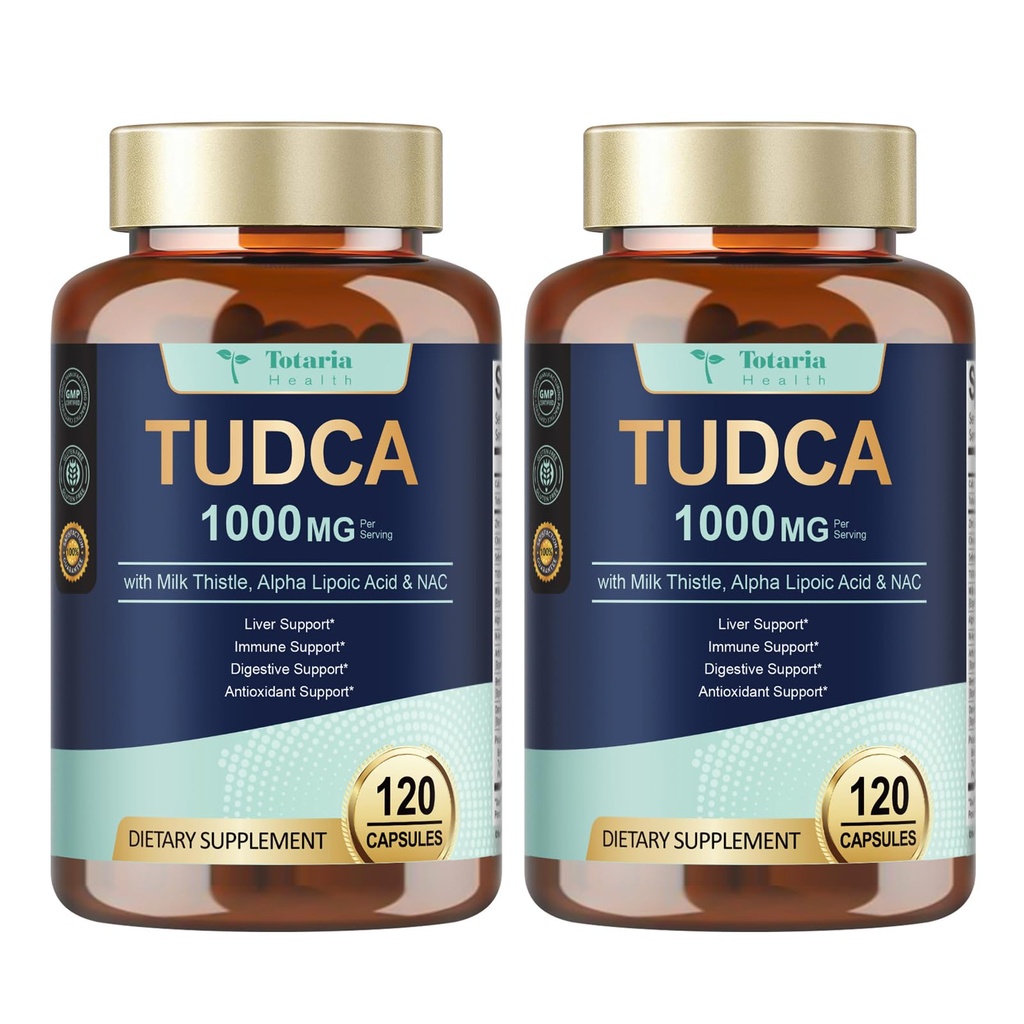 Totaria 2 pakkausta TUDCA 1000 mg maksan tuki täydentää maito Thistle, NAC, ALA, 80% Silymarin, 15-in-1 extra vahvuus Bile suolat
