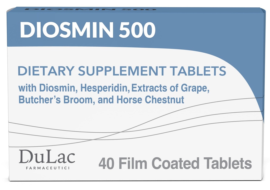 Dulac Diosmin 500, Micronized Diosmin Hesperidin Dietary Supplement 1000mg per annos, Hevosen Kastanjauute, Teurastaja & Red Grape Extract, Jalkojen verenkiertotuki, 40 tablettia, Valmistettu Italiassa
