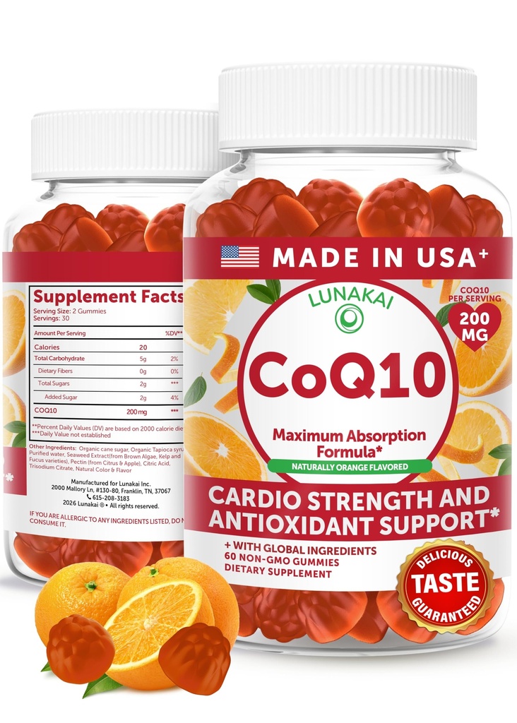 Lunakai USA Made CoQ10 Gummies for Aikuinen 200mg High Potency Coenzyme Q10 täydentää Daily Heart, energia & antioksidantti tuki naisille ja miehet, ei-GMO, 60ct