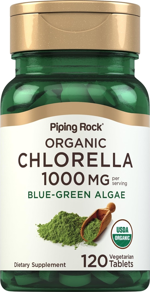 Piping Rock Chlorella | 1000mg | 120 tabletter | Blue-Green Algae | Broken Cell Wall Organic | Non-GMO, Gluten Free Supplement