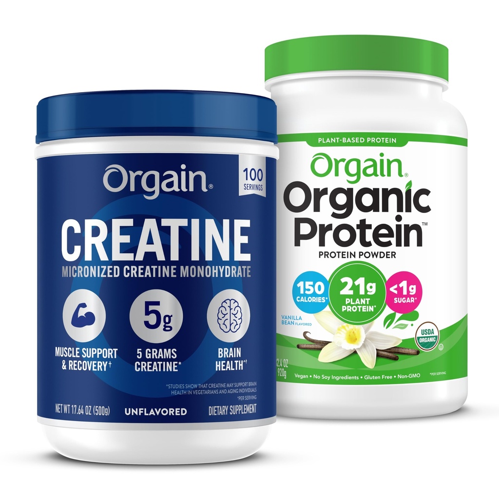 Orgain Creatiini Monohydraatti Powder 17.64 Oz (100 Servings) & Organic Vegan Vanilla Bean Protein Powder 2.03 lb Bundle - Kasvien proteiini- ja lihastuki