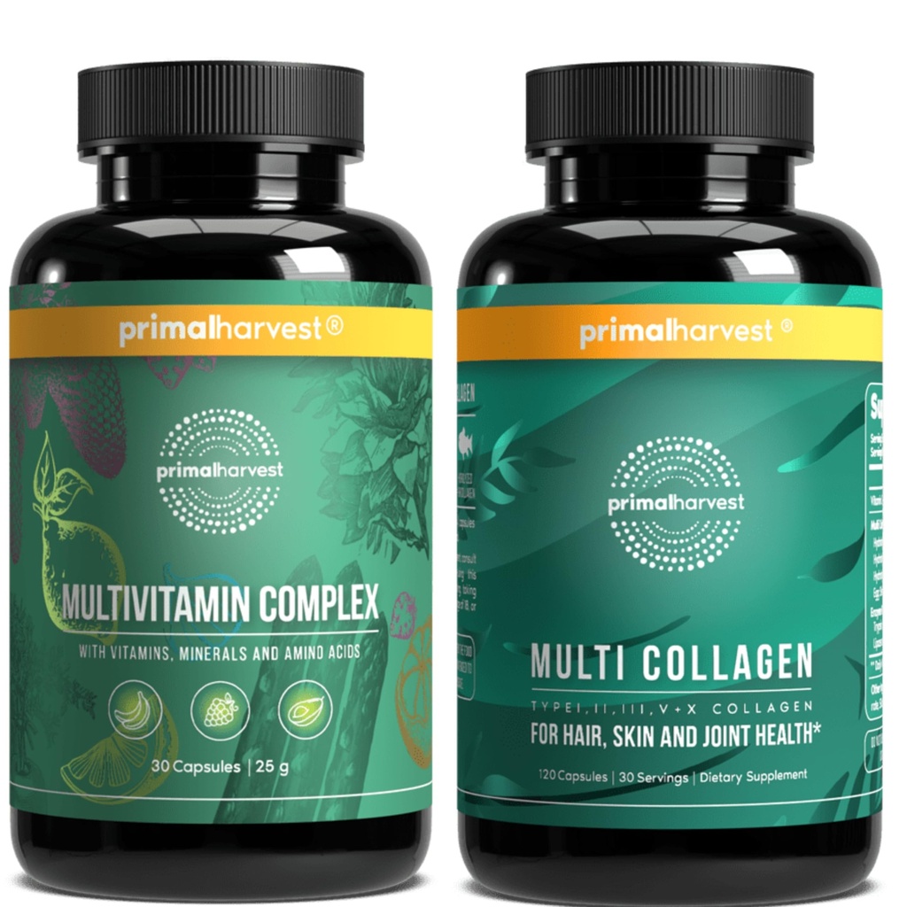Primal Harvest Multivitamiini & Collagen lisäravinteet naisille ja miehille Multivitamiini kapselit ja kollageeni Peptides pillerit Bundle