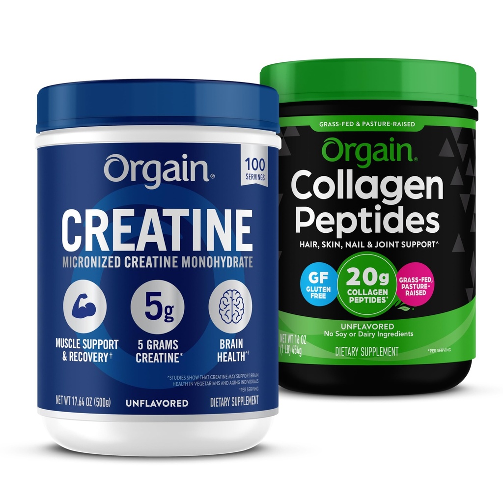 Orgain Creatiini Monohydraatti Powder 17.64 Oz (100 Servings) & Collagen Peptides Powder 1lb (20g Grass Fed) Bundle - makuamaton, ei-GMO täydentää lihasten, aivot, iho & niveltuki