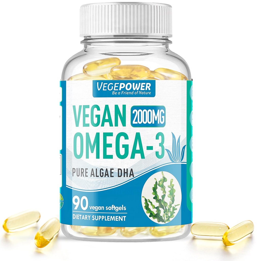 Vegan Omega-3 Algae DHA Lisäravinteet - 2000mg Algae Oil, Plant-Based Prenatal Algal DHA, 90 Carragenan Free Softgels - Kestävä kalaöljy Vaihtoehtoiset tuet aivot, sydän, silmät, Joint Health
