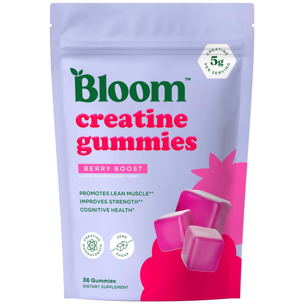 Bloom Creatine Monohydraatti Gummies, 5g per tarjoilu, sokeriton Creatine Gummy for Treenout, Strength, Cognitive Health & Lean Muscle Support, Gluteeniton & Non GMO, Berry Boost, 36 Gummies, 12 SVG