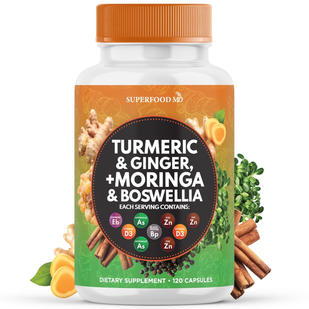 Kurkuma Moringa täydennysosa Inkivääri, Boswellia, Saffron, Holy Basil- Joint Support Supplement for Women and Men with Ceylon Cinnamon, Quercetin, Tart Cherry- 120 Count