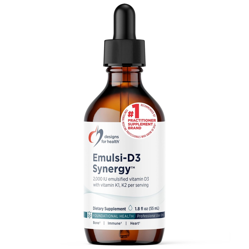 Design för Hälsa Emulsi-D3 Synergy 2000 IE Vitamin D Liquid med vitamin K - Emulsified Liquid D3 K2 droppar för Immune System Support & Bone Health - Gluten-Free + Non-GMO (55 portioner / 1.8oz)