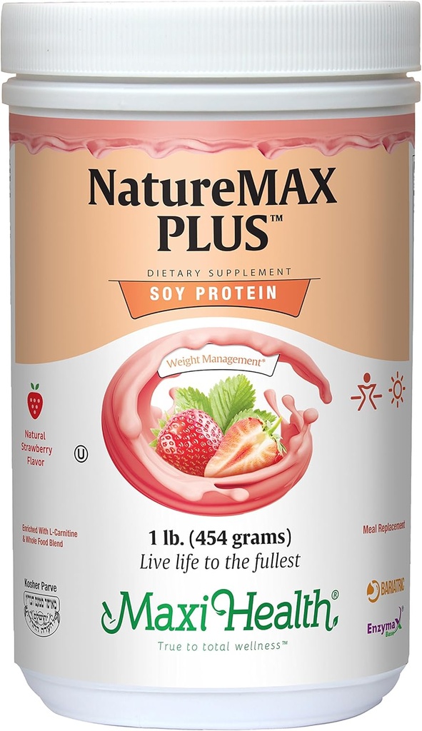 Maxi-Health NatureMAX PlusTM Energy Support Drink Soy Protein Powder - Sokeriton ruokavalio täydentää - 20g Protein Per Serving - Luonnollinen mansikka maku - Kosher vitamiini - 1lb