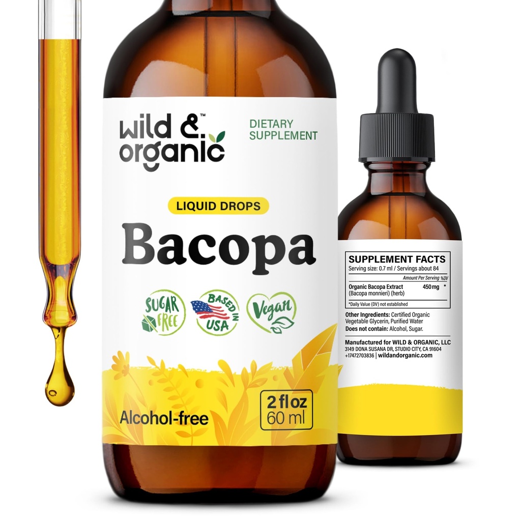 Wild & Organic Bacopa Tincture - Stöder lugn, fokus, klarhet - Bacopa Monnieri Supplement Liquid - Alkoholfri droppar med Brahmi Extract - Vegan, sockerfri - 2-månaders leverans - 2 fl oz