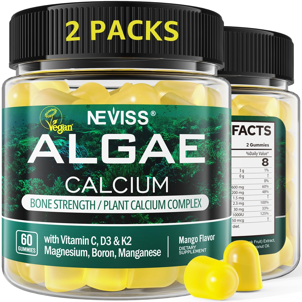 (2 Pack) Kalcium Gummies för kvinnor, Sugar Free Calcium Supplement från Hållbara Alger (3rd Party Tested) med vitamin D3 K2, C, Zink, Boron, Manganese för benstyrka, Calcium Absoption, Vegan