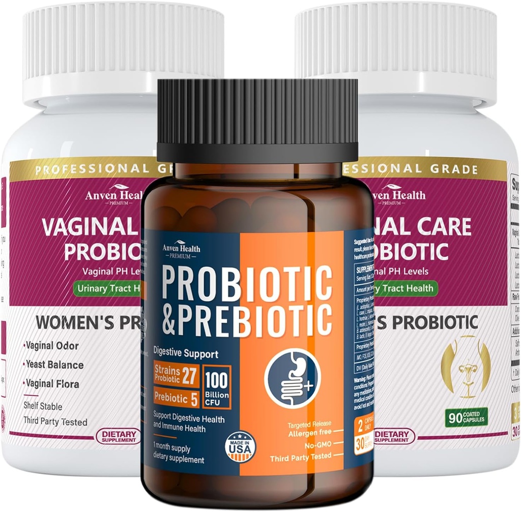 Kvinnors vaginalprobiotika + 100 miljarder probiotika med organisk prebiotika för gut Digestive & Immune Health Bundle - Total Wellness, Inside and Out!
