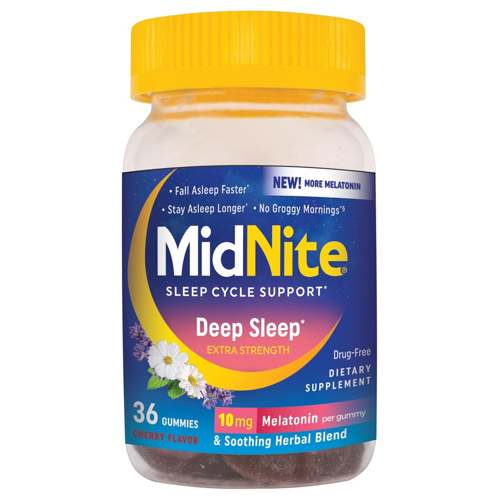 MidNite Deep Sleep Extra Strength, 10 mg melatoniinin unilääke, ei-luontoiset ravintolisät aikuisille, lääkevapaa, gluteeniton, laktoositon, kasvissyöjäystävällinen, 36 Gummy