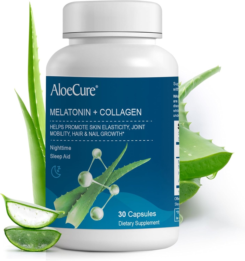 AloeCure Natural Melatonin + Kollagen med organisk Aloe Vera - Natursömntillskott för Restful Nights - Kollagenkomplex för gemensam styrka, hudelasticitet, hår och nageltillväxt, 30 kapslar