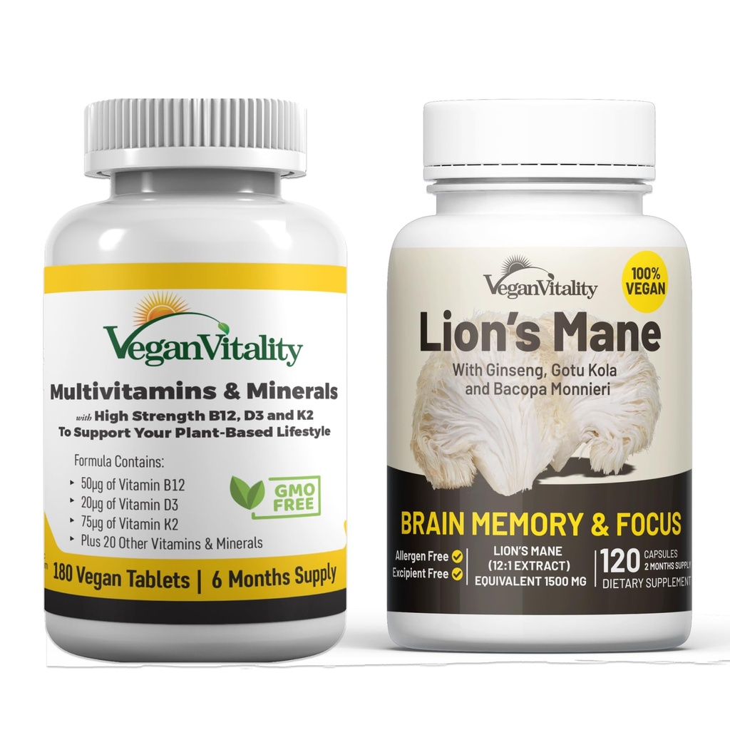 Vegan Vitality Brain Nutrition Bundle - Lions Mane Nootropic Kapselit ja Vegan Multivitamiinit. Suuri vahvuus Plant-perustetut lisäravinteet muistia ja keskittyä ja yleistä terveyttä vegaaneja ja kasvissyöjiä