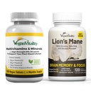 Vegan Vitality Brain Nutrition Bundle - Lions Mane Nootropic Kapselit ja Vegan Multivitamiinit. Suuri vahvuus Plant-perustetut lisäravinteet muistia ja keskittyä ja yleistä terveyttä vegaaneja ja kasvissyöjiä