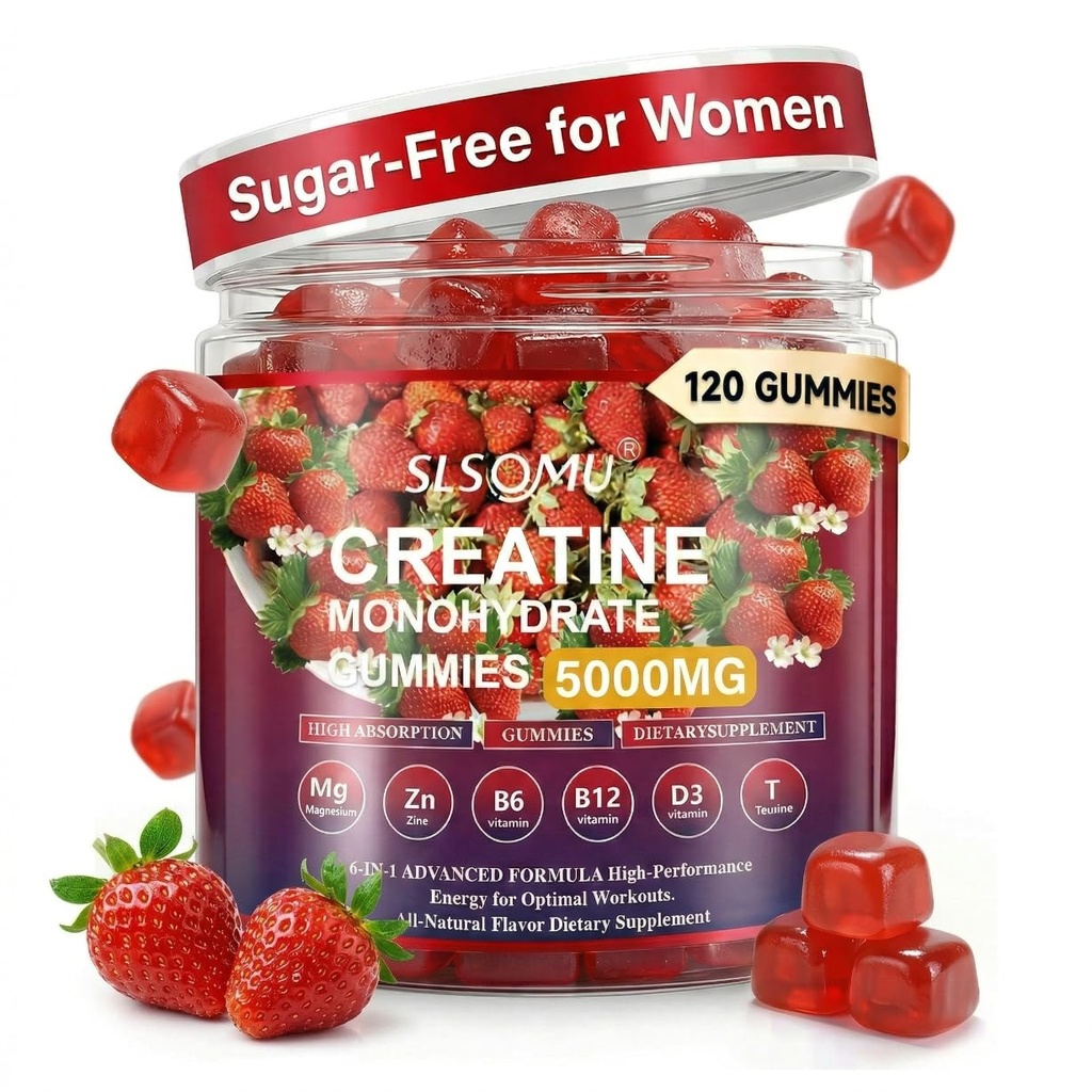 Creatiini Gummies naisille, 5000 mg Pre-Workout lihasvoimaa & energiatuki, 0 Sokeri Creatiini Gummy L-Tauriini, Sinkki, B12 B6, Mansikka maku, Vegan - 120 Gummy