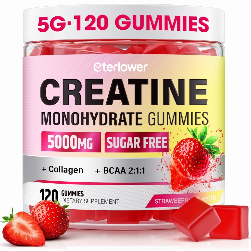 Kreatiini Monohydraatti Gummies, 5g Creatiini Gummies for Women & Men. Pre-workout & lihasten kasvutuki, sisältää BCAA, Kollageeni, sokeriton, 120