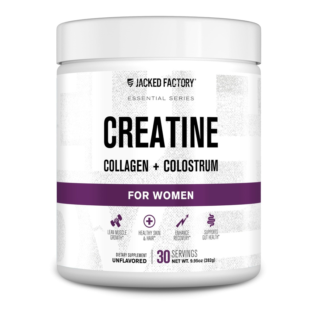 Jacked Factory Creatine för kvinnor - Kreatinmonohydrat med Collagen + Colostrum för att stödja träningsprestanda, Lean Muscle Growth, Hälsosamt hår, hud och naglar - 30 portioner, osmakad