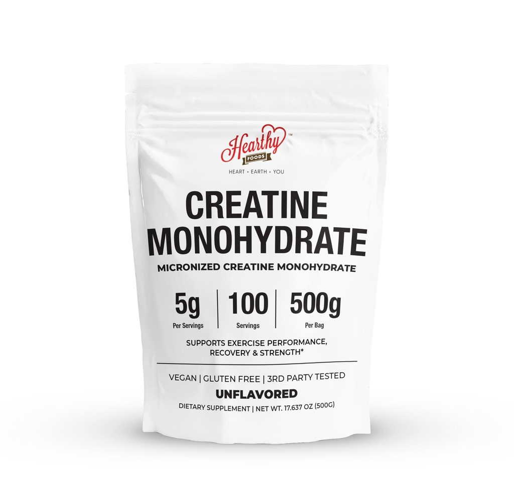 HEARTHY FOOODS Creatine Monohydrate Micronized Powder 500G - 100 portioner, 5000mg Per Servering (5g) - för Män & Kvinnor Muskeltillväxt & Återhämtning - UNFLAVORED