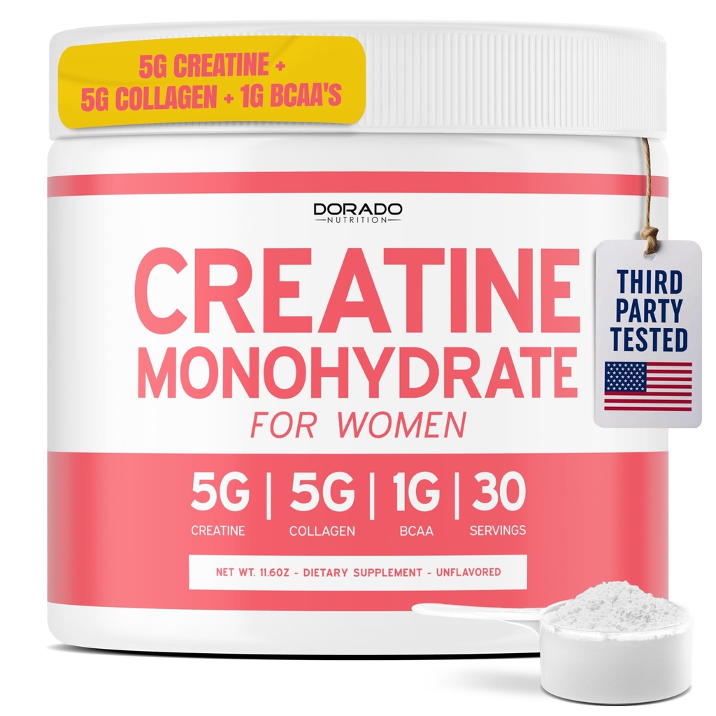 Kreatiini naisille Creatiini Monohydraatti jauhe 5G + 5000 mg Collagen + 1000 mg BCAA 2:1:1:1 Jauhe (30 Serving) Tuki Glutes, Lean lihakset, Recovery, energia & kestävyys ei-GMO, Gluteeniton - USA Made