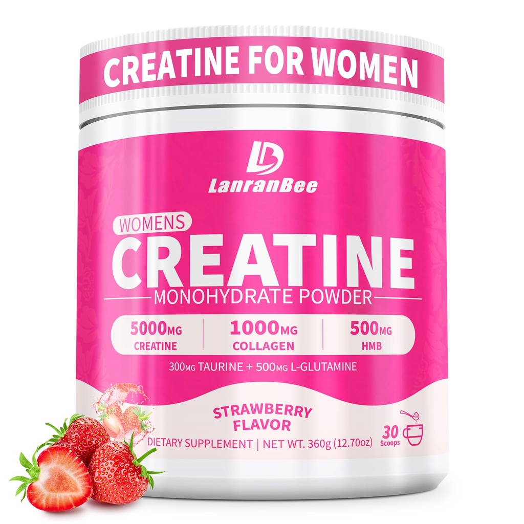 LanranBee Creatine HMB naisille 5g Micronized Creatine Monohydraatti Powder Collagen Pre Treout täydennysosa lihasten tukea energia-ja kestävyyttä sokerivapaa, Strawberry Flavor 30 tarjoilut