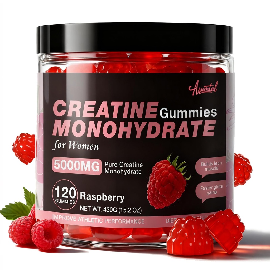 Creatiini naisille 5000 MG, Creatiini Gummies, Creatiini Monohydraatti täydentää lihasten kasvua, voimaa ja energiaa tukea, sokeriton pre harjoitus Gummies 120 Count Vadelma maku