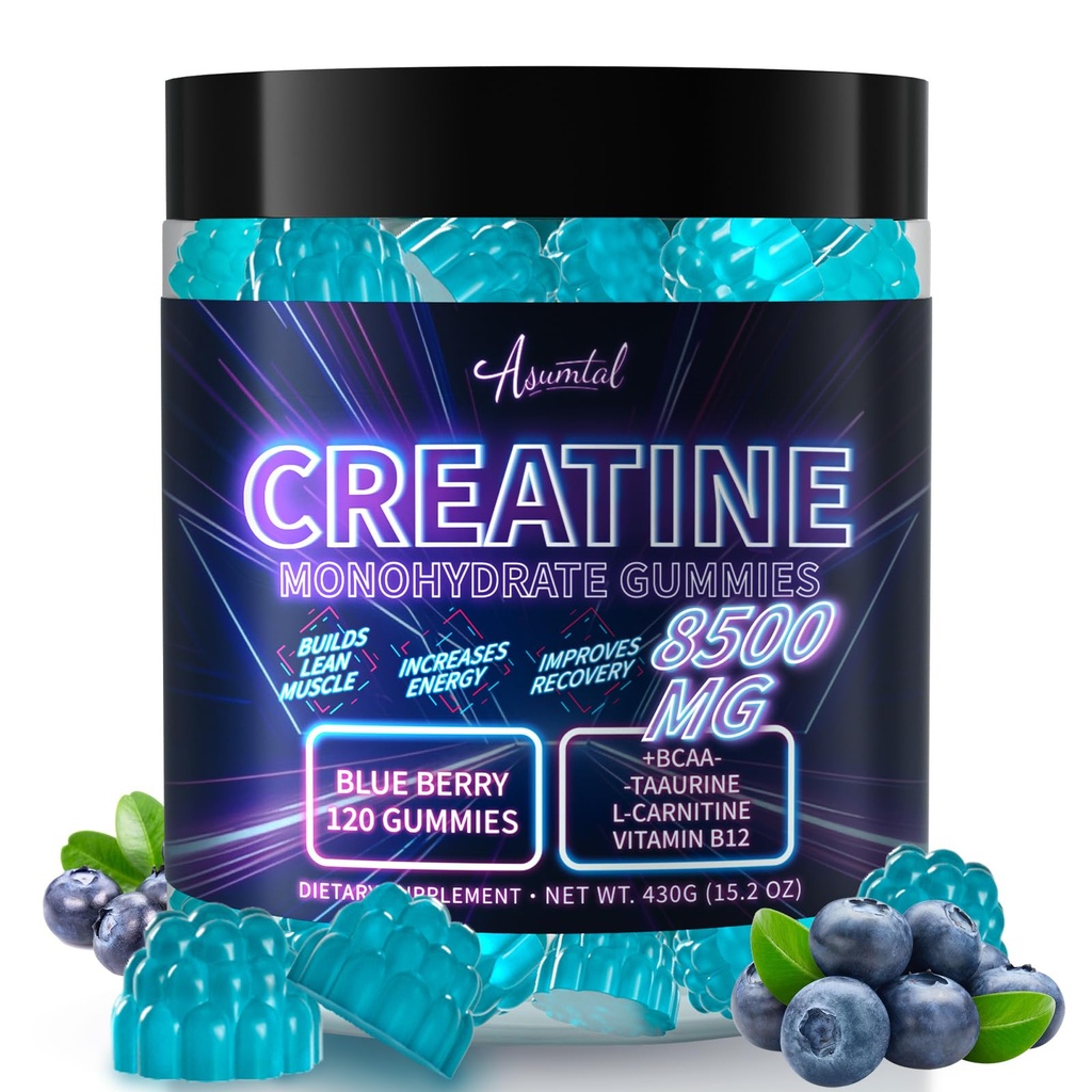 Kreatiini Monohydraatti Gummies Complex 8500 MG miehille ja naisille, Creatiini Monohydraatti täydentää lihasten kasvua, voimaa ja energiaa, Pre workout Gummies 120 Count Blueberry