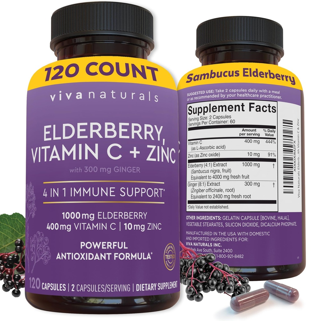 Viva Naturals Elderberry med vitamin C och Zink (120 kapslar) - 1000mg Sambucus Elderberry Immune Support Supplement, Black Elderberry Capsules för vuxna, Elderberry Vitamins - 2 månaders leverans