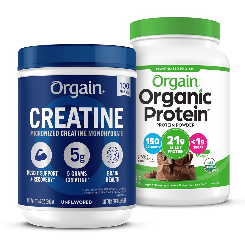 Orgain Creatiini Monohydraatti Powder (17.64 Oz, 100 Servings) & Organic Vegan Chocolate Fudge Protein Powder (2.03 lb) Bundle - Kasvien proteiini & lihastuki