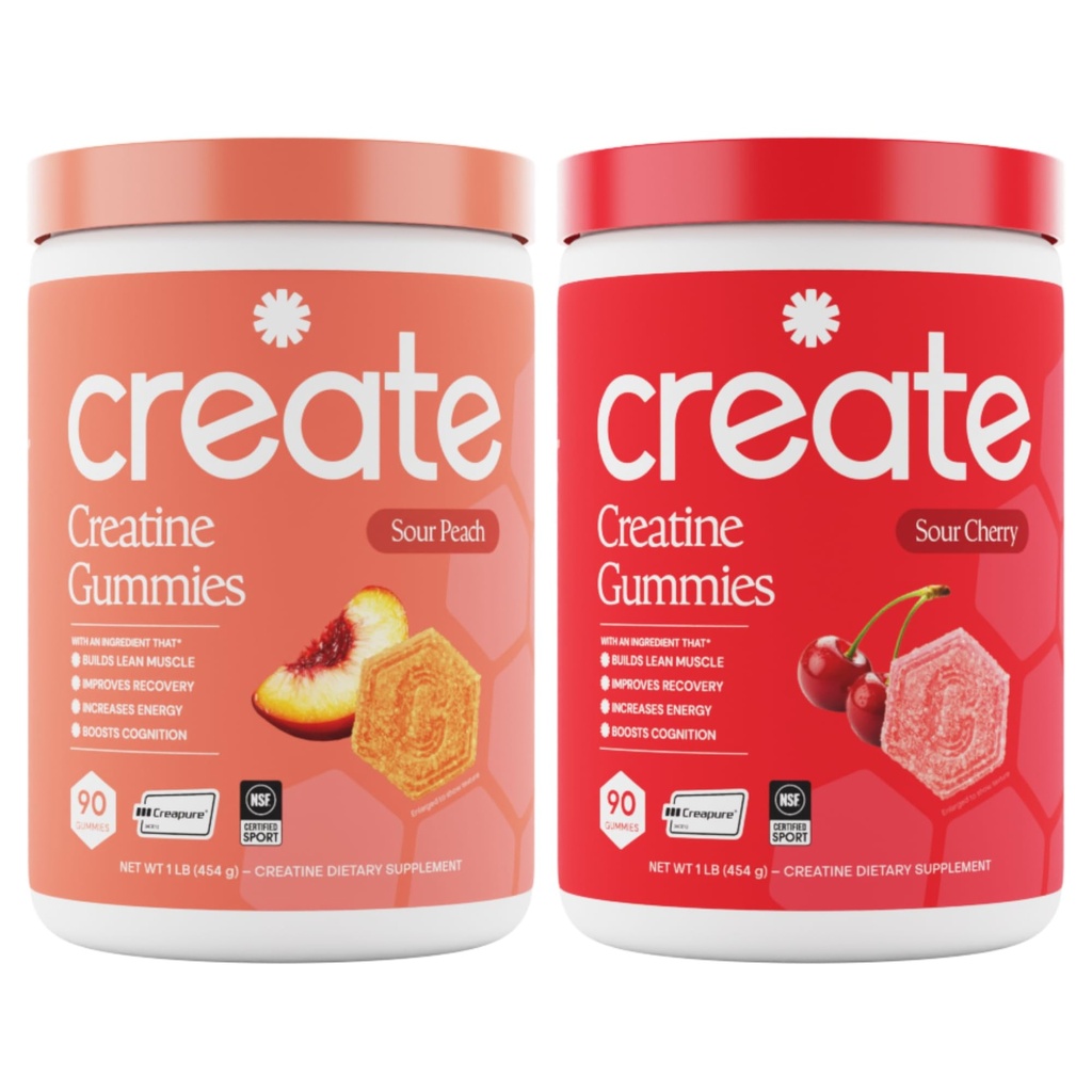 Skapa kreatinmonohydrat Gummies - Peach Pump Duo - Sour Peach & Sour Cherry - Kreatin Gummies för kvinnor och män, NSF Certified, 3rd Party Tested, Anti-Melting Formel, 180 greve (2-Pack)